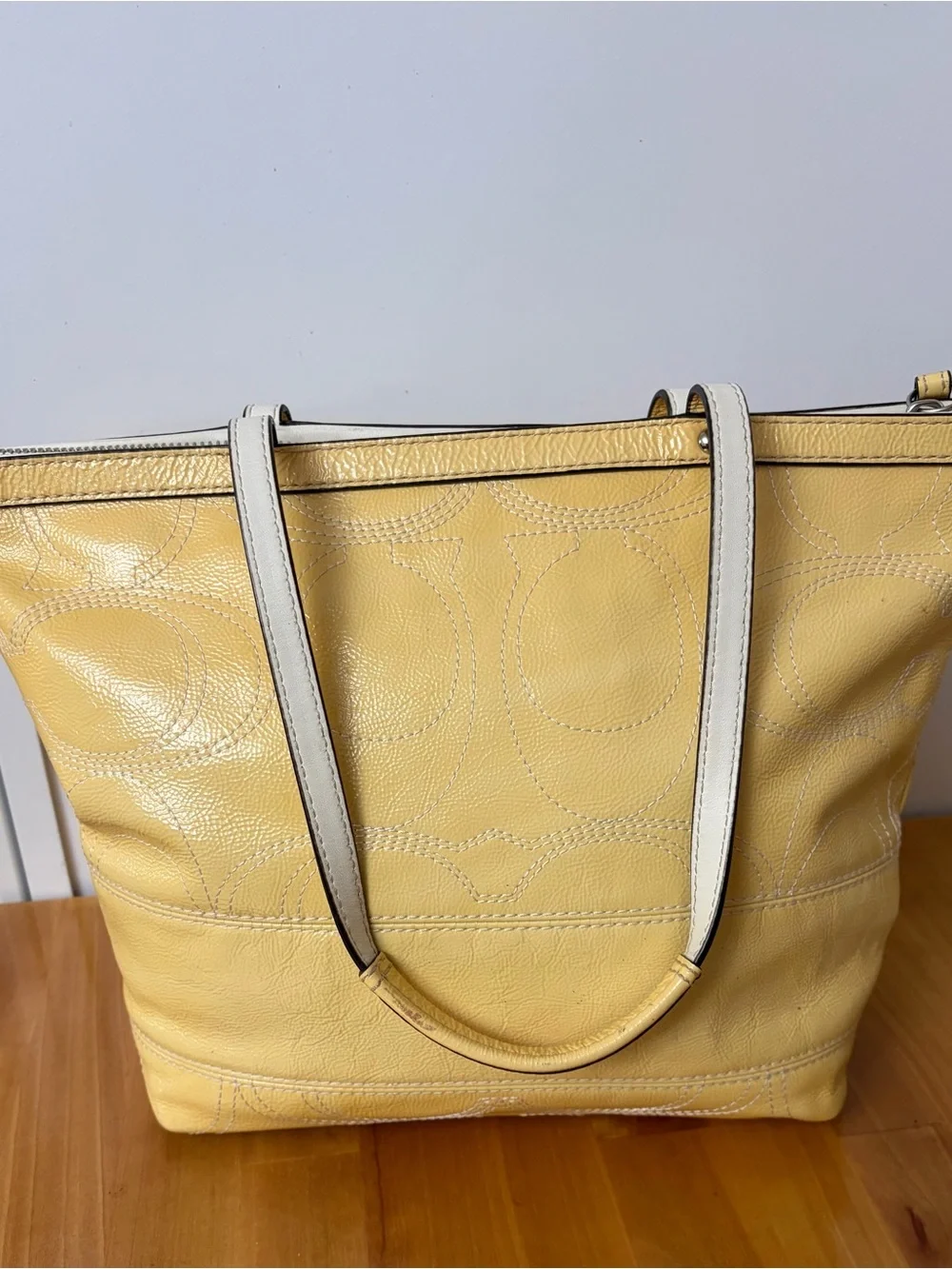 Coach Yellow Leather Tote with Contrast Trim and Medallion